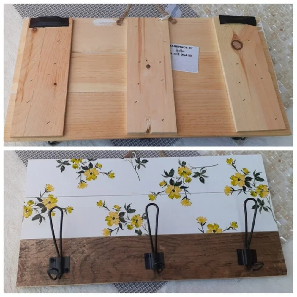 Rustic Farmhouse Wall Hanging Hooks Yellow Flower USA Made Gift Idea NEW